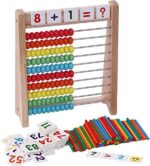 Wooden Abacus for Kids Math with 100 Counting Sticks and Numbers Cards, Educational Math Games Preschool Learning Toys for Preschoolers 1st 2nd Grade Children 5 6 7 8 Year Olds Homeschool Supplies