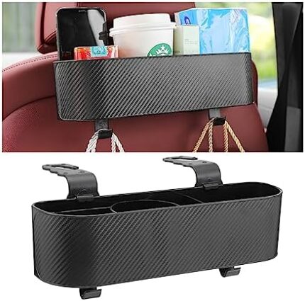 XINLIYA Car Headrest Backseat Organizer with Cup Holder, Seat Back Hanging Storage Box with Hooks, Multi-Functional Drink Pocket Food Snack Phone Tray for Kids, Car Travel Accessories（Black）