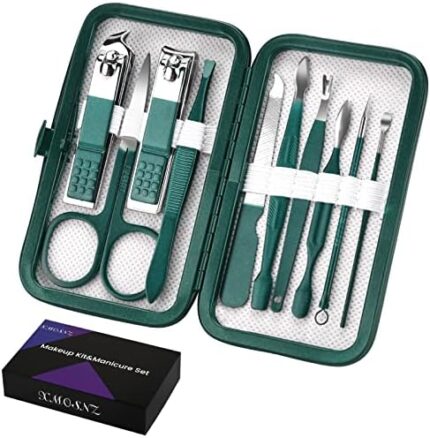 XMOSNZ Manicure Set Stainless Steel Nail Clipper Kit Professional Mens Grooming Kits Face Hand Foot Skin Care and Nail Care Tools with Leather Travel Case (10 Piece Set, Green)