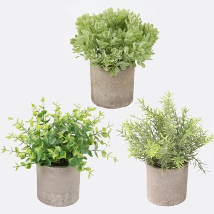 YAKESD Small Fake Plants in Pots, 3 Packs Artificial Eucalyptus Boxwood & Rosemary, Mini Potted Plants for Office Home Decoration