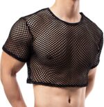 YOOBNG Men's Fishnet Crop Tops Mesh T Shirt See Through Undershirt Nightwear Sheer Shirt