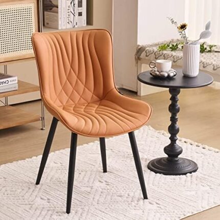 YOUTASTE Camel Dining Chairs Set of 2 Upholstered Mid Century Modern Kitchen Dining Room Chairs Armless Faux Leather Accent Chairs Metal Vanity Lounge Chair with Back for Living Room Bedrooms