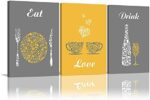 Yellow and Grey Modern Kitchen and Dining Room Wall Art Decor Abstract EAT DRINK LOVE Theme Canvas Prints for Coffee Bar Restaurant Cafe or Home Decoration Pictures Framed Ready to Hang, Set of 3