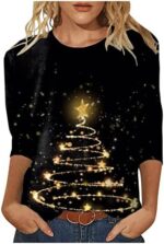 Yihaojia Christmas Blouse Women 3/4 Sleeve Casual Dressy T Shirts Glitte Xmas Tree Printed Cute Tees Crew Neck Sweatshirt