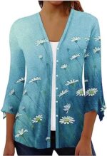 Yihaojia Lightweight Cardigan for Women 3/4 Bell Sleeve Button Down Boho Beach Cover Up Fashion Floral V-Neck Shirts Tops