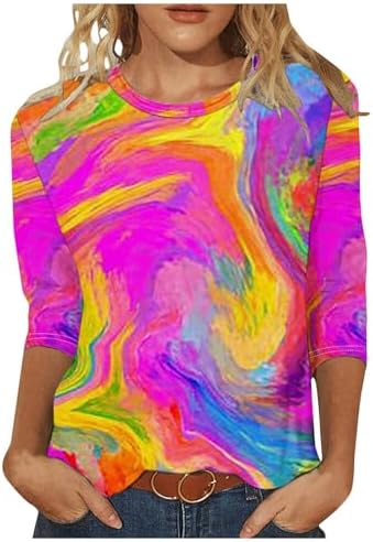 Yihaojia Summer Womens Shirts Dressy Casual, Women's Fashion Casual Round Neck Three Quarter Sleeve Tie Dye Printed T-Shirts