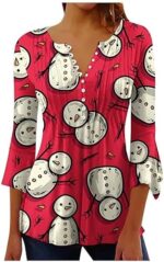 Yihaojia Tunics 3/4 Sleeve Plus Size Tops for Women Cute Snowman Graphic V Neck Blouses Loose Fit Flowy Tunic for Leggings