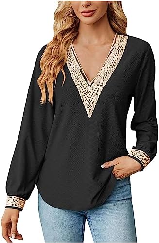 Yihaojia Women Casual Puff Long Sleeves Fashion Pullover Top Loose Fit Jacquard Blouse Sexy Deep V Neck Lace Tunic Top