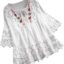 Yihaojia Women Summer Lace Tops Plus Size Summer Tops Short Sleeve Tunic Shirt Lace Crochet Boho O-Neck Swing Blouse Dressy