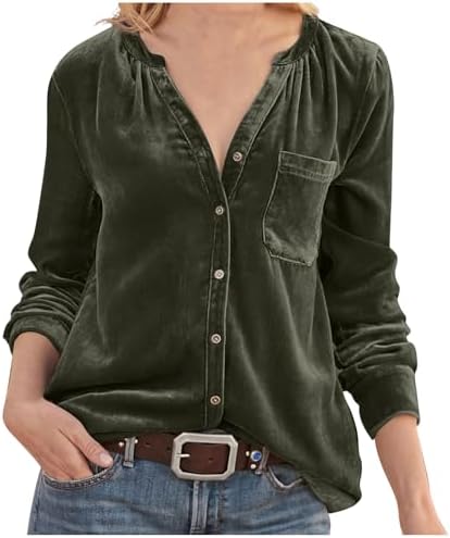 Yihaojia Women Velour Blouse Roll Up Long Sleeve Shirt Button Down Shirt V Neck Collarless Casual Elegant Solid Blouses Tops