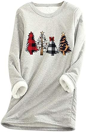 Yihaojia Women Warm Sherpa Lined Pullover Tops Trendy Christmas Tree Graphic Fleece Crewneck Sport Sweatshirt Loungewear Tee