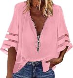 Yihaojia Womens 3/4 Bell Sleeve Fashion V Neck Lace Patchwork Sleeve Blouse Casual Loose Fit Zip Up Shirt Tops for Women