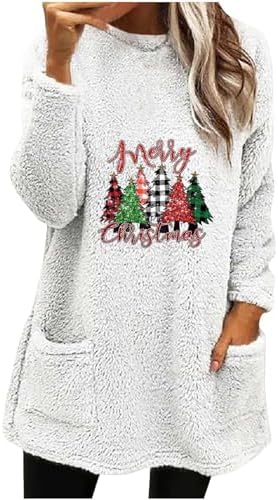 Yihaojia Womens Fuzzy Sherpa Fleece Sweaters Casual Christmas Tunic Tops Flutter Crewneck Sweatshirt Pullover with Pockets