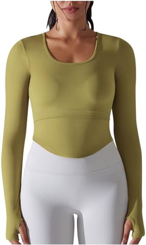 Yihaojia Women's Scoop Neck Ribbed Long Sleeve Crop Top Basic Slim Fitted Tee Trendy Y2k Knitted T Shirts with Thumb Holes