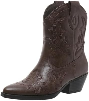 ZBYY Women Western Cowboy Cowgirl Stitched Ankle Boots Embroidered Snip Toe Chunky Stacked Heel Pull on Short Booties