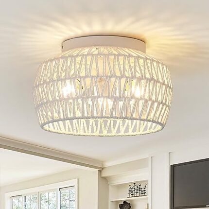 ZLNIDJIA Rattan Light Fixtures 3-Light Retro White Semi Flush Mount Ceiling Light Hand Woven Ceiling Light Fixtures Boho Chandelier for Hallway Bedroom Kitchen Entryway Foyer Dining Room