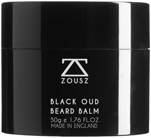 ZOUSZ Black Oud Premium Beard Balm - Classic Oud Wood - Scented Facial Hair Grooming and Skin Care Butter for Men - Avocado, Argan, Macadamia Oils - Moisturiser, Conditioner, Dandruff Remover - 50g