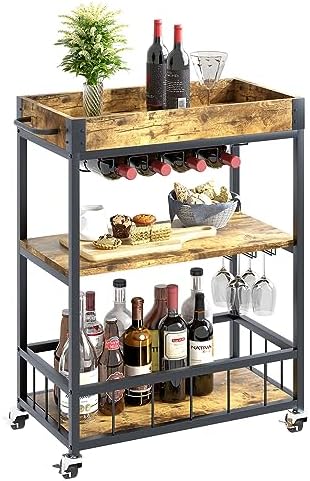 aboxoo Wine Serving Bar Cart 3 Tiers Large Home Trolley Rolling Wine Rack with Wheels Mobile Kitchen Serving Cart,Industrial Vintage Style Wood Metal Serving Trolley Glass Holder Bar Cabinet