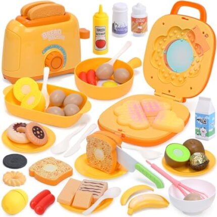 cute stone Play Food Sets for Kids Kitchen, Play Toy Kitchen Appliances Set with Toy Toaster, Color-Changing Waffle Maker with Realistic Light & Sound, Play Food, Kids Kitchen Play Set for Girls Boys