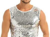 easyforever Men's Shiny Sequin Shirts 70s Disco Nightclub Party T-Shirts Slim Muscle Vest Tank Top Clubwear