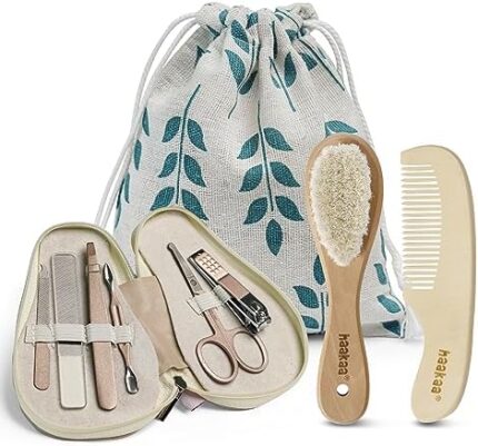 haakaa Baby Hair Brush and Comb Set & Pear-FECT Manicure Kit for Newborns & Toddlers, Natural Soft Goat Bristles and Wooden Handle, Baby Healthcare and Grooming Kit, Baby Nail Clippers, Pearl White