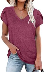 isermeo Womens Summer Tops Sexy V Neck Petal Sleeve Casual Solid Color Tee Tshirts S-XXL