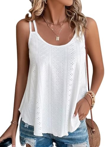 isermeo Womens Tank Tops Eyelet Embroidery Sleeveless Spaghetti Strap Summer Tops Scoop Neck Loose Flowy Shirts