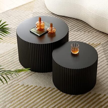 kevinplus Black Round Nesting Coffee Table Side Table End Table Set of 2 for Living Room, Modern Drum Circle Wood Coffee Table Contemporary Embossed Design Fluted Side Table End Table Set, Black