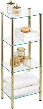 mDesign Tall 4-Tier Glass and Metal Freestanding Shelf Organizer Display Unit - Narrow Shelves for Bathroom, Kitchen, Bedroom, Office - Open Shelving for Book, Towel, and Handbags - Soft Brass/Clear