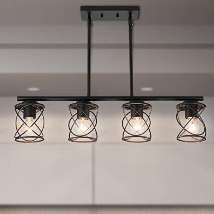 mavcadonf Kitchen Island Light, 4-Light Dining Room Lighting Fixtures Hanging, Farmhouse Linear Pendant Light for Kitchen Island Table Living Room with Adjustable Rods, Black Metal