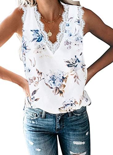 osazic Women Casual Loose Lace Sleeveless Chiffon V Neck T-Shirt Tunic Blouse Tank Tops S-2XL