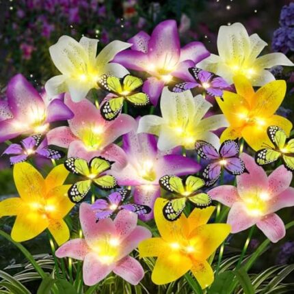 ostritec Solar Garden Lights Outdoor, 4 Pack Solar Flower Lights for Outside, 16 Solar Lilies with Butterflies, Waterproof Garden Decor for Yard, Patio, Pathway, Backyard, Gardening Gifts