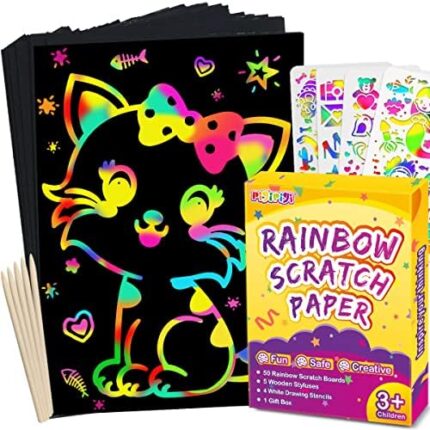 pigipigi Scratch Paper Art for Kids - 59 Pcs Rainbow Magic Scratch Off Art Crafts Set Supply Drawing Note Kit for Girls Boys Toddler Party Favor Activity Game Birthday Christmas Easter Toy Gift