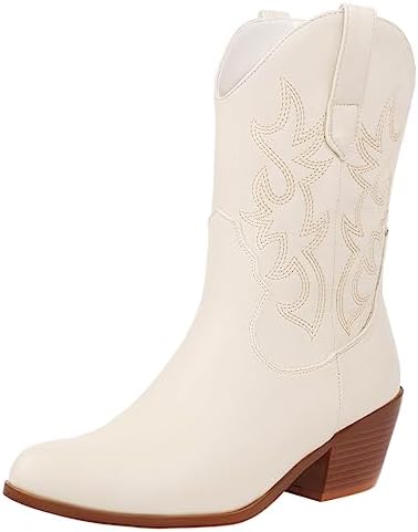 rismart Women Western Mid Calf Cowboy Boots Embroidered Cowgirl Shoes