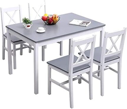 soges 5 Pieces Dining Table Set, Pine Wood Kitchen Dining Table with 4 Chairs for Kitchen Dining Room Furniture,White&Grey,10QDLC023-BG-CA