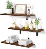 upsimples Floating Shelves for Wall Decor Storage, Wall Mounted Shelves Set of 3, Sturdy Small Wood Shelves with Metal Brackets Hanging for Bedroom, Living Room, Bathroom, Kitchen, Book, Dark Brown