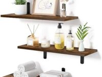 upsimples Floating Shelves for Wall Decor Storage, Wall Mounted Shelves Set of 3, Sturdy Small Wood Shelves with Metal Brackets Hanging for Bedroom, Living Room, Bathroom, Kitchen, Book, Dark Brown