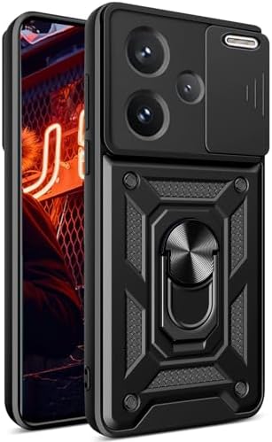 Ephoou Heavy Duty Case for Xiaomi Redmi Note 13 Pro Plus 5G/ Note 13 Pro+ with [Slide Camera Cover] [Magnetic Ring Kickstand], Shockproof Protection Phone Case for Redmi Note 13 Pro Plus 5G SJ-Black