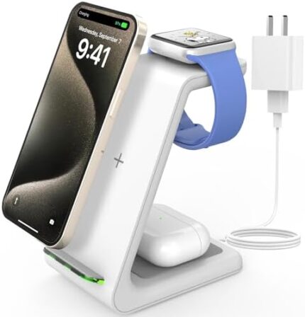 JoyGeek 3 in 1 Wireless Charging Station for Apple, Wireless Charger Stand for iPhone 16/15/14/13/12/11/SE/X/8 Pro Max Plus Mini, Charging Dock for Apple Watch Ultra/8/SE/7/6/5/4/3 for AirPods Pro