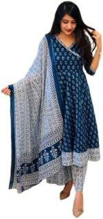 KLOSIA Blue Block Printed Anarkali Kurta And Pant Set With Dupatta