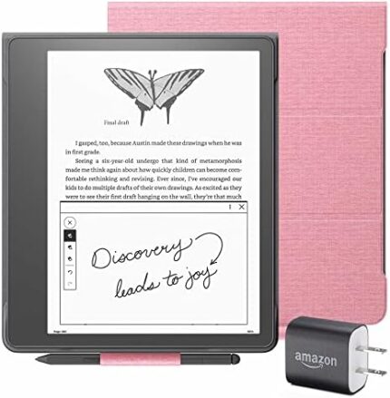 Kindle Scribe Essentials Bundle including Kindle Scribe (16 GB), Premium Pen, Fabric Cover - Rose, and Power Adapter