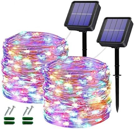 Lezonic Outdoor Solar Christmas Lights Waterproof,2 Pack Total 240LED 24M/80Ft Solar Garden Light Waterproof 8 Modes Outdoor Copper Wire Solar String Lights Patio Decor,Porch Hanging Lights(Colored)