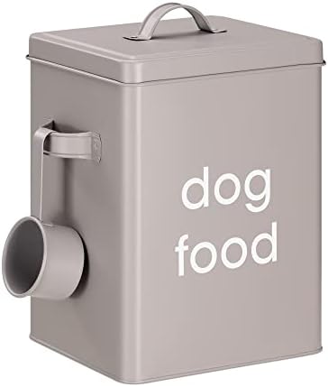 Navaris Dog Food Storage - Metal Container Bin for Pet Food with Portion Scoop for Storing Dry Food Biscuit Treats - Vintage Design Dog Food Bin