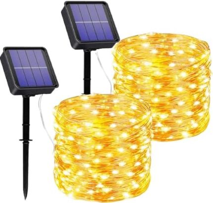 Solar Fairy Lights Outdoor Waterproof, 2 Pack Total 112FT 300LED Solar String Lights 8 Modes Outdoor Copper Wire Lights for Patio Decoration Fairy Lights for Garden,Tree,Party,Wedding (Warm White)