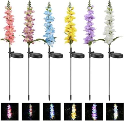 Solar Garden Lights 6 Pack, Solar Delphinium Flowers Lights Waterproof Color Lights Upgraded Solar Panel 2 Light Modes Solar Waterproof LED Solar Lights Outdoor for Yard Garden Lawn Pathway Decoration