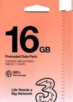 Three UK New PrePaid Europe (UK Three) SIM Card 16GB Data Unlimited Minutes/Texts for 30 Days with Free Roaming/USE in 71 Destinations Including Europe, South America and Australia (16GB)