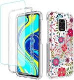 sidande Case for Redmi Note 9 Pro/Note 9 Pro Max/Note 9S/Poco M2 Pro Case with Tempered Glass Screen Protector, Full Body Clear Floral TPU Protective Cover for Xiaomi Redmi Note 9S (Floral Prints)