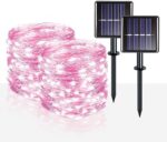 suddus Pink Solar String Lights for Outside, 2 Pack Total 66ft 200 Led Pink Fairy Lights Outdoor, 8 Modes Solar Twinkle Lights for Pink Halloween Decor, Fence, Patio, Yard, and Party