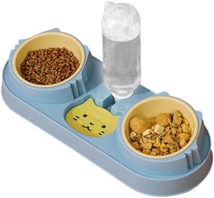 Double Dog Cat Bowls, Cat Food and Water Bowl Set with Water Dispenser Auto Water Replenishment Tip Proof Cute Pet Food Bowl for Cat Dog