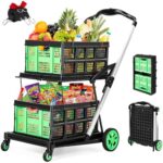 200lbs 30x18'' Foldable Shopping Cart, Multi Use Functional Collapsible Carts with 2 Storage Crates, Mobile Folding Trolley for Groceries, Luggage, Travel, House